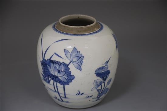 A Chinese blue and white ovoid jar, Kangxi period, H. 20.5cm, excluding wood stand and cover